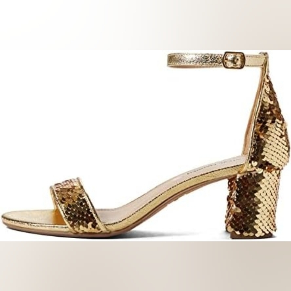 Steve Madden Carrson Sequin Block Heel Sandals 7 Gold Ankle Strap Formal Prom